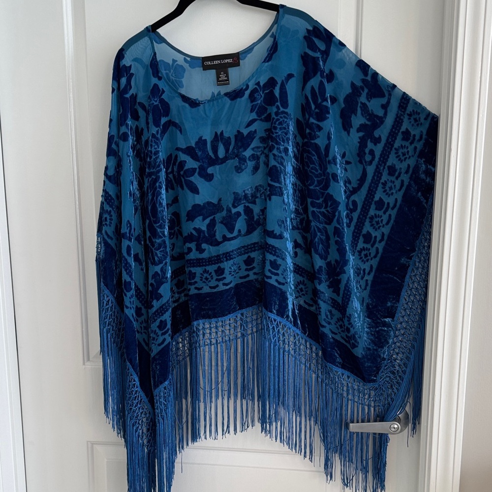 Colleen Lopez Blue Burnout Velvet Floral Fringe Tunic OS